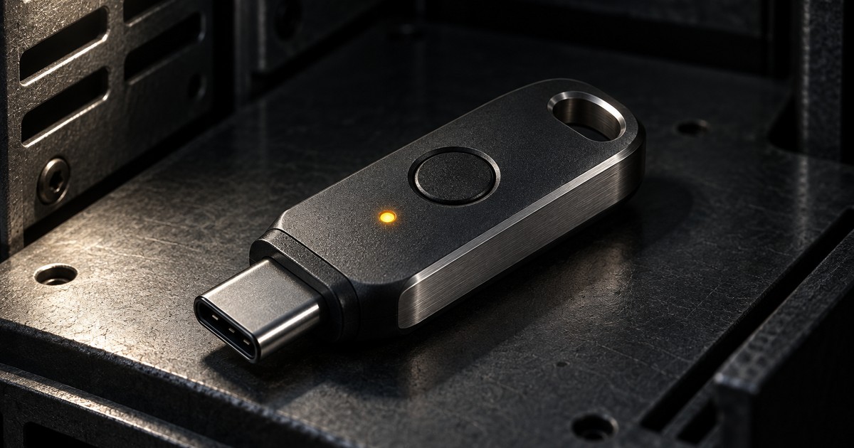 Clé de sécurité FIDO2 en aluminium noir avec voyant ambre.