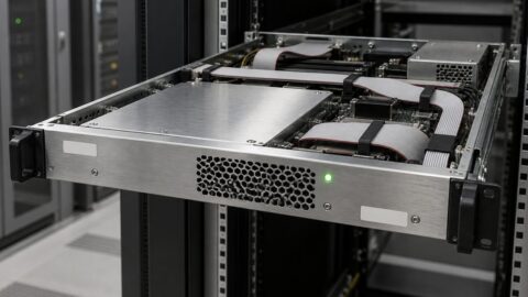 Châssis de serveur 1U sorti sur ses rails dans une salle technique, LED verte unique en bas à droite du panneau avant, nappes noires rangées, fond graphite et aluminium brossé.
