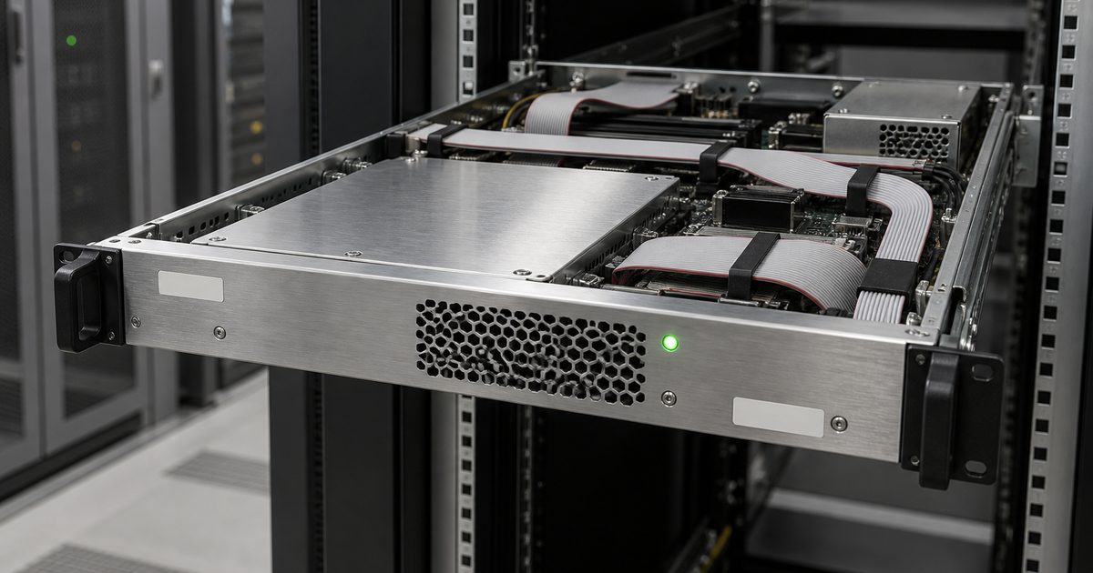 Châssis de serveur 1U sorti sur ses rails dans une salle technique, LED verte unique en bas à droite du panneau avant, nappes noires rangées, fond graphite et aluminium brossé.