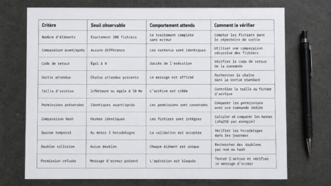 Tableau imprimé de critères et de contrôles pour une routine automatisée.