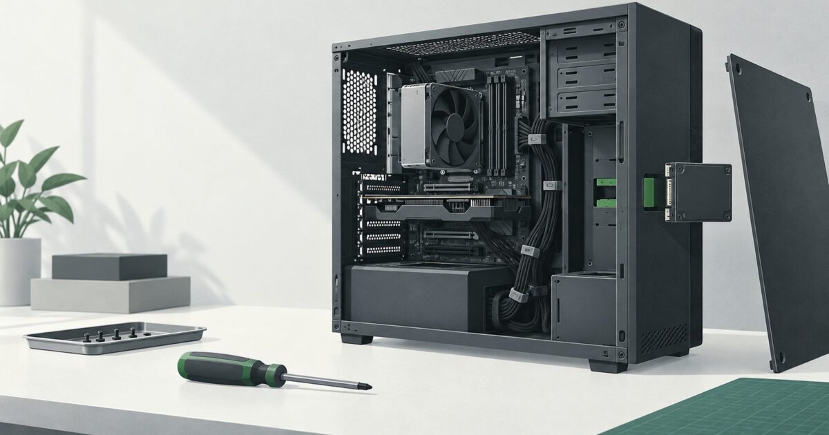 une machine de bureau ouverte posee sur un etabli, cables ranges, tournevis pose a plat