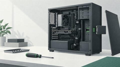 une machine de bureau ouverte posee sur un etabli, cables ranges, tournevis pose a plat