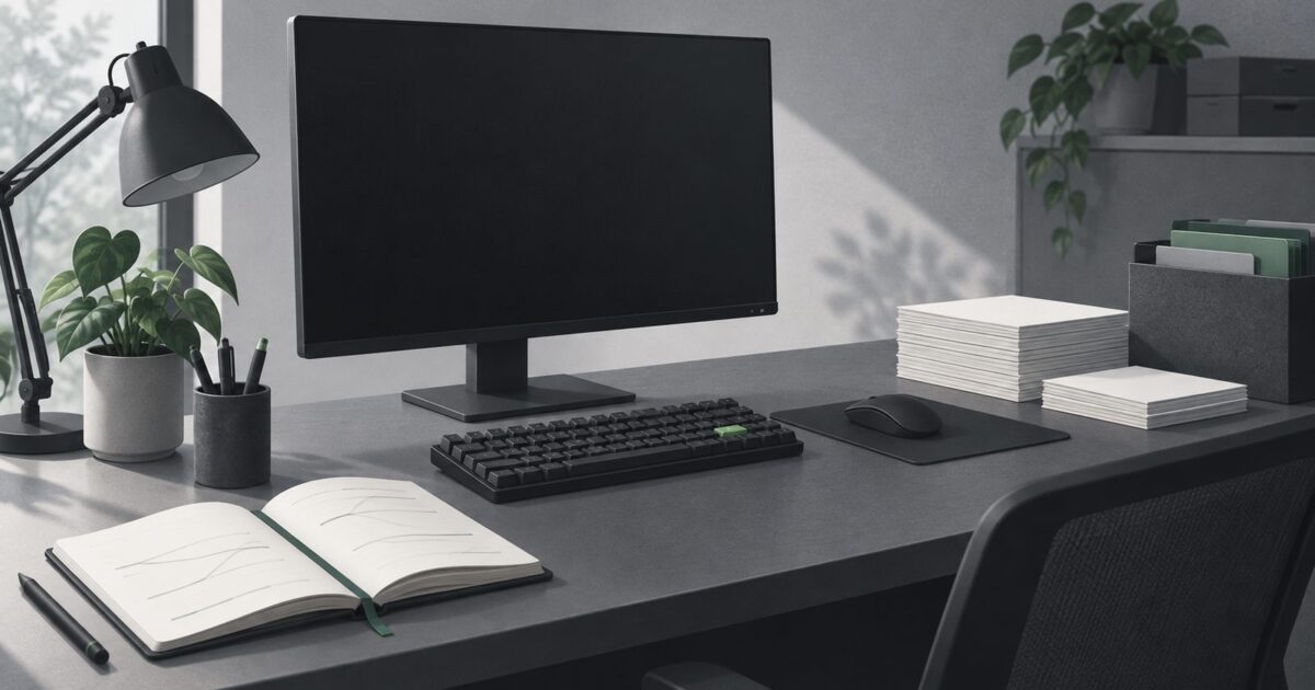 un poste de travail sobre vu de trois quarts, ecran eteint, clavier mecanique, carnet ouvert