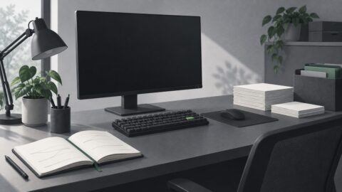 un poste de travail sobre vu de trois quarts, ecran eteint, clavier mecanique, carnet ouvert