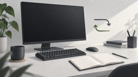 un poste de travail sobre vu de trois quarts, ecran eteint, clavier mecanique, carnet ouvert