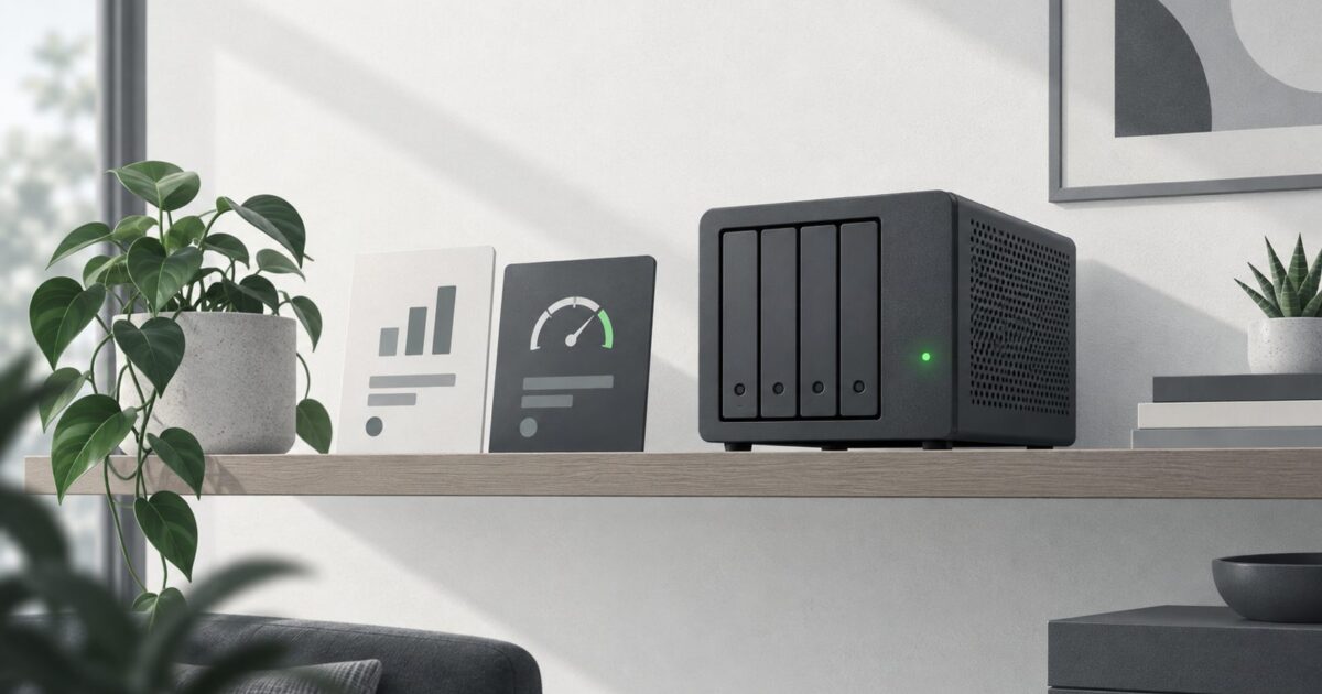 un petit serveur domestique pose sur une etagere, diode allumee, piece calme