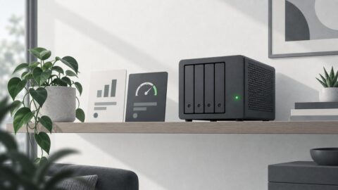 un petit serveur domestique pose sur une etagere, diode allumee, piece calme