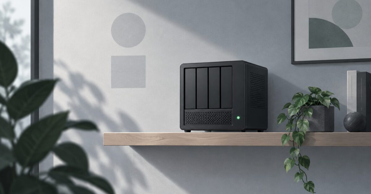 un petit serveur domestique pose sur une etagere, diode allumee, piece calme