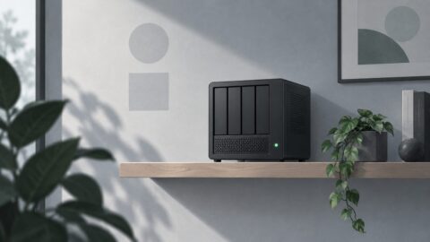 un petit serveur domestique pose sur une etagere, diode allumee, piece calme
