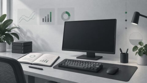 un poste de travail sobre vu de trois quarts, ecran eteint, clavier mecanique, carnet ouvert