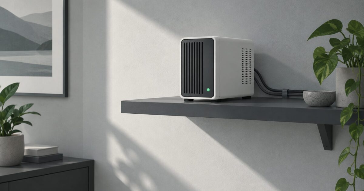 un petit serveur domestique pose sur une etagere, diode allumee, piece calme