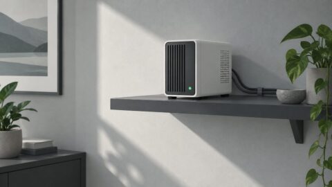 un petit serveur domestique pose sur une etagere, diode allumee, piece calme