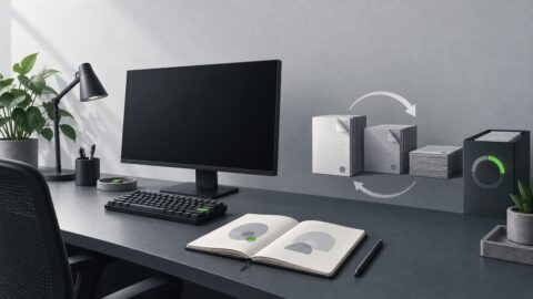 un poste de travail sobre vu de trois quarts, ecran eteint, clavier mecanique, carnet ouvert