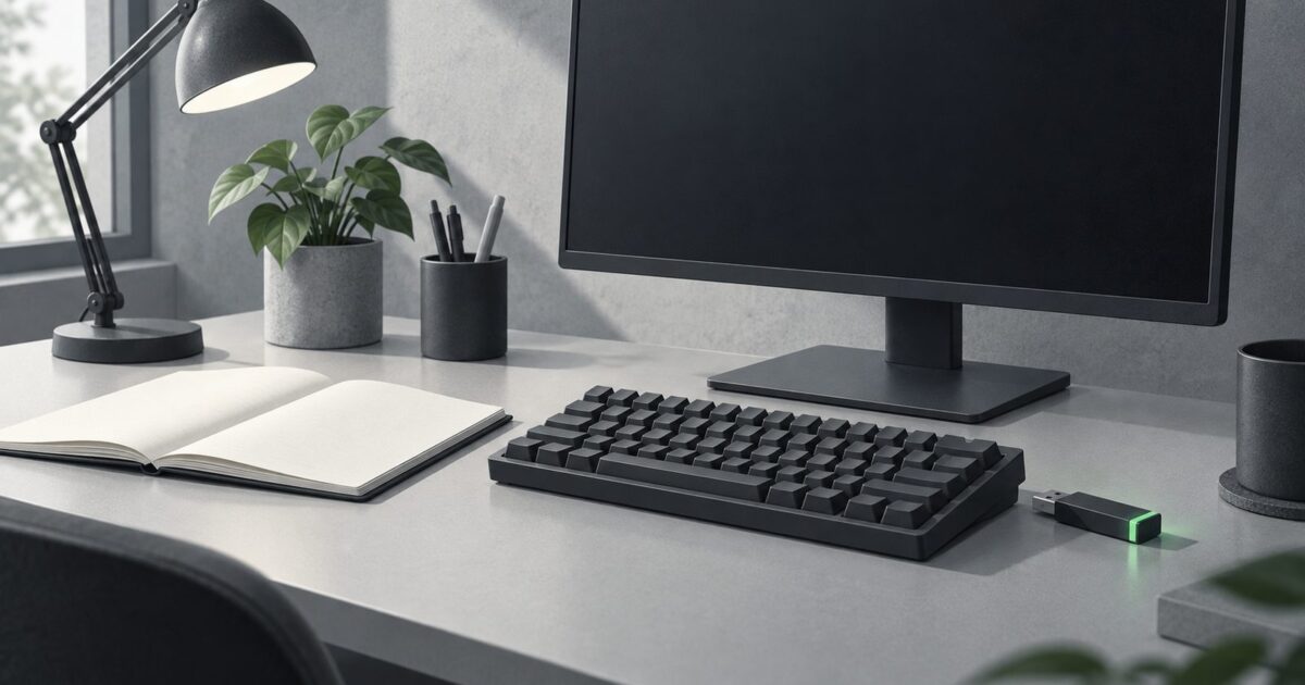 un poste de travail sobre vu de trois quarts, ecran eteint, clavier mecanique, carnet ouvert
