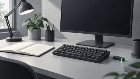 un poste de travail sobre vu de trois quarts, ecran eteint, clavier mecanique, carnet ouvert