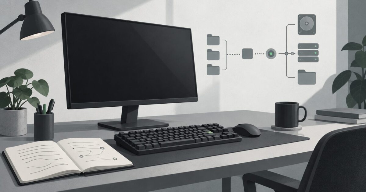 un poste de travail sobre vu de trois quarts, ecran eteint, clavier mecanique, carnet ouvert