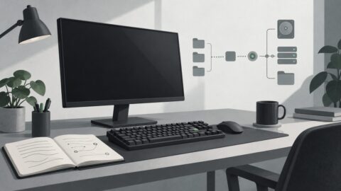 un poste de travail sobre vu de trois quarts, ecran eteint, clavier mecanique, carnet ouvert