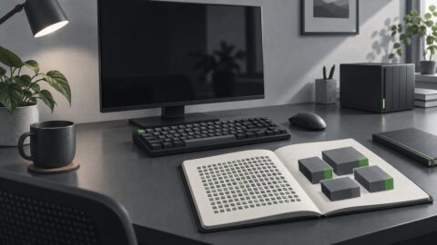 un poste de travail sobre vu de trois quarts, ecran eteint, clavier mecanique, carnet ouvert