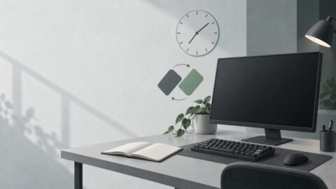 un poste de travail sobre vu de trois quarts, ecran eteint, clavier mecanique, carnet ouvert