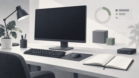 un poste de travail sobre vu de trois quarts, ecran eteint, clavier mecanique, carnet ouvert