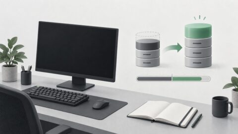 un poste de travail sobre vu de trois quarts, ecran eteint, clavier mecanique, carnet ouvert