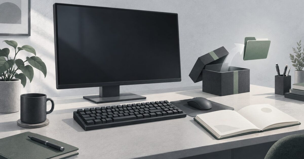 un poste de travail sobre vu de trois quarts, ecran eteint, clavier mecanique, carnet ouvert