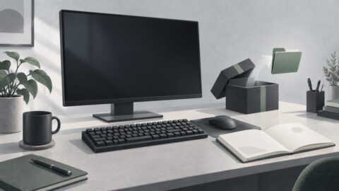 un poste de travail sobre vu de trois quarts, ecran eteint, clavier mecanique, carnet ouvert