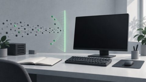 un poste de travail sobre vu de trois quarts, ecran eteint, clavier mecanique, carnet ouvert