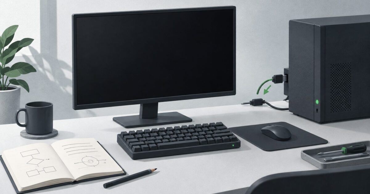 un poste de travail sobre vu de trois quarts, ecran eteint, clavier mecanique, carnet ouvert