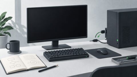un poste de travail sobre vu de trois quarts, ecran eteint, clavier mecanique, carnet ouvert