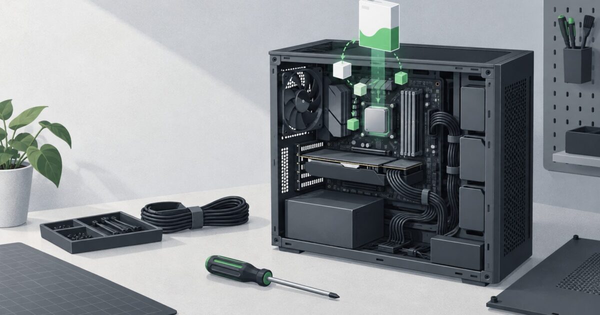 une machine de bureau ouverte posee sur un etabli, cables ranges, tournevis pose a plat
