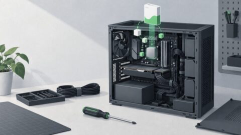 une machine de bureau ouverte posee sur un etabli, cables ranges, tournevis pose a plat