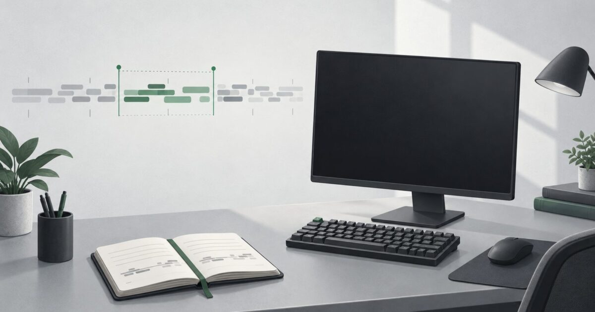 un poste de travail sobre vu de trois quarts, ecran eteint, clavier mecanique, carnet ouvert