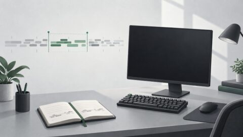un poste de travail sobre vu de trois quarts, ecran eteint, clavier mecanique, carnet ouvert