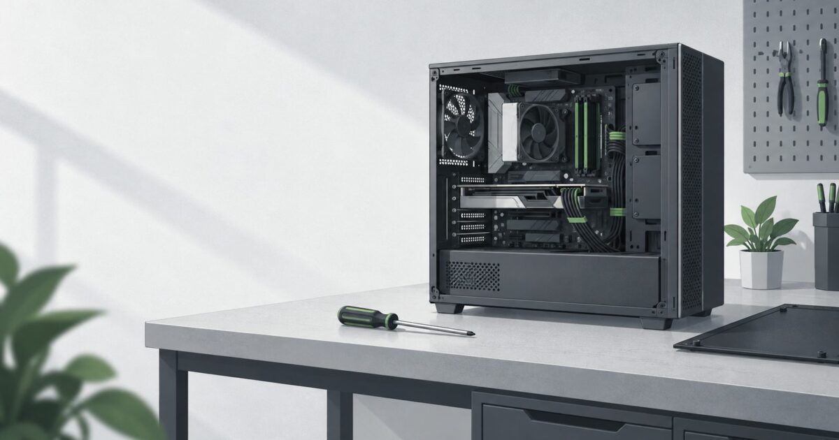 une machine de bureau ouverte posee sur un etabli, cables ranges, tournevis pose a plat