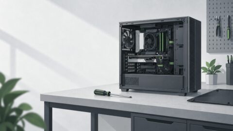 une machine de bureau ouverte posee sur un etabli, cables ranges, tournevis pose a plat
