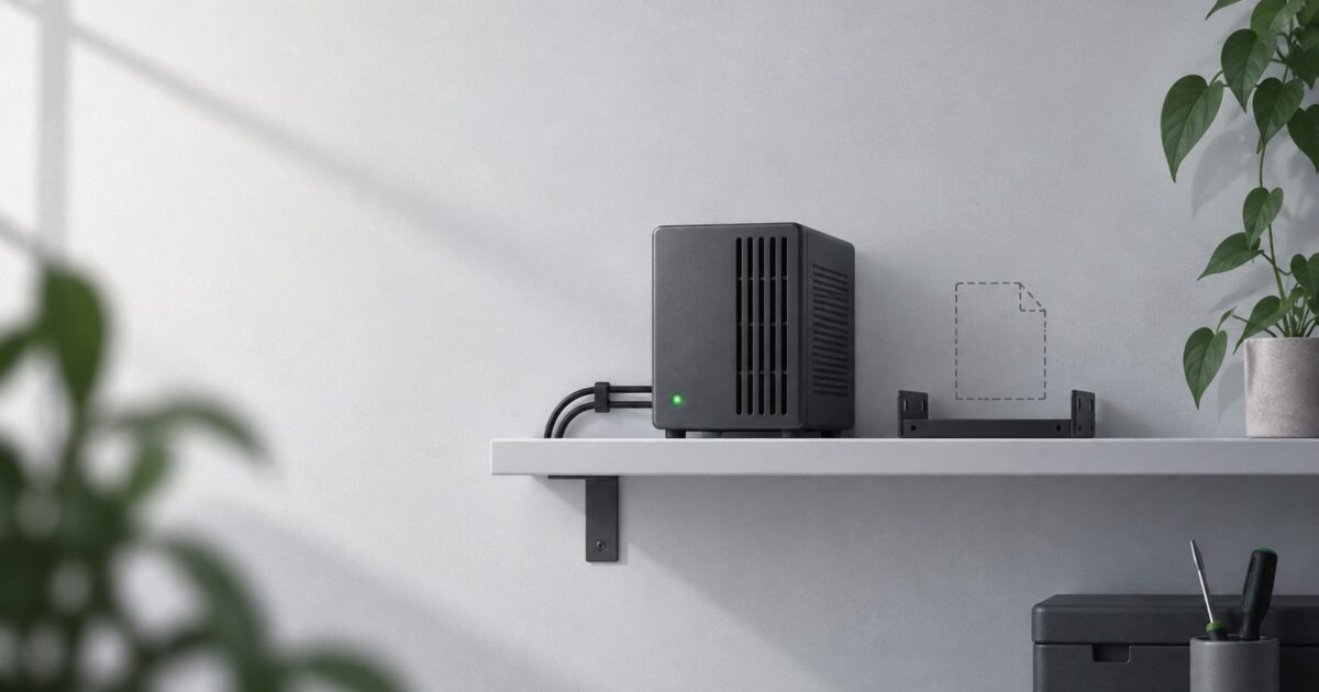 un petit serveur domestique pose sur une etagere, diode allumee, piece calme