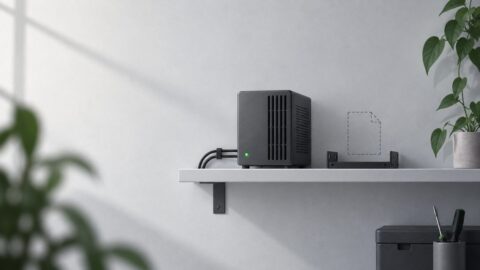 un petit serveur domestique pose sur une etagere, diode allumee, piece calme