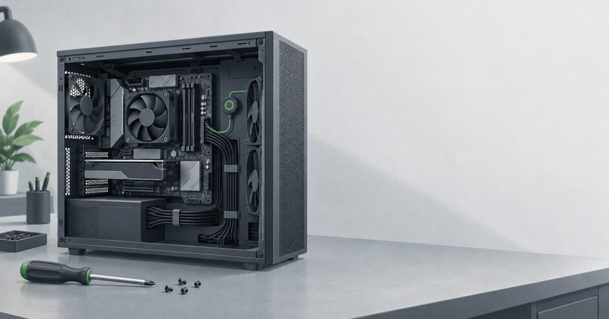 une machine de bureau ouverte posee sur un etabli, cables ranges, tournevis pose a plat