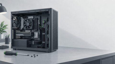 une machine de bureau ouverte posee sur un etabli, cables ranges, tournevis pose a plat