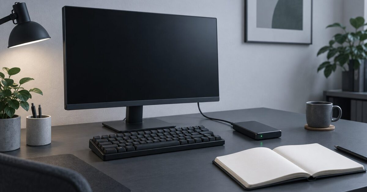 un poste de travail sobre vu de trois quarts, ecran eteint, clavier mecanique, carnet ouvert