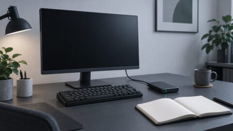 un poste de travail sobre vu de trois quarts, ecran eteint, clavier mecanique, carnet ouvert