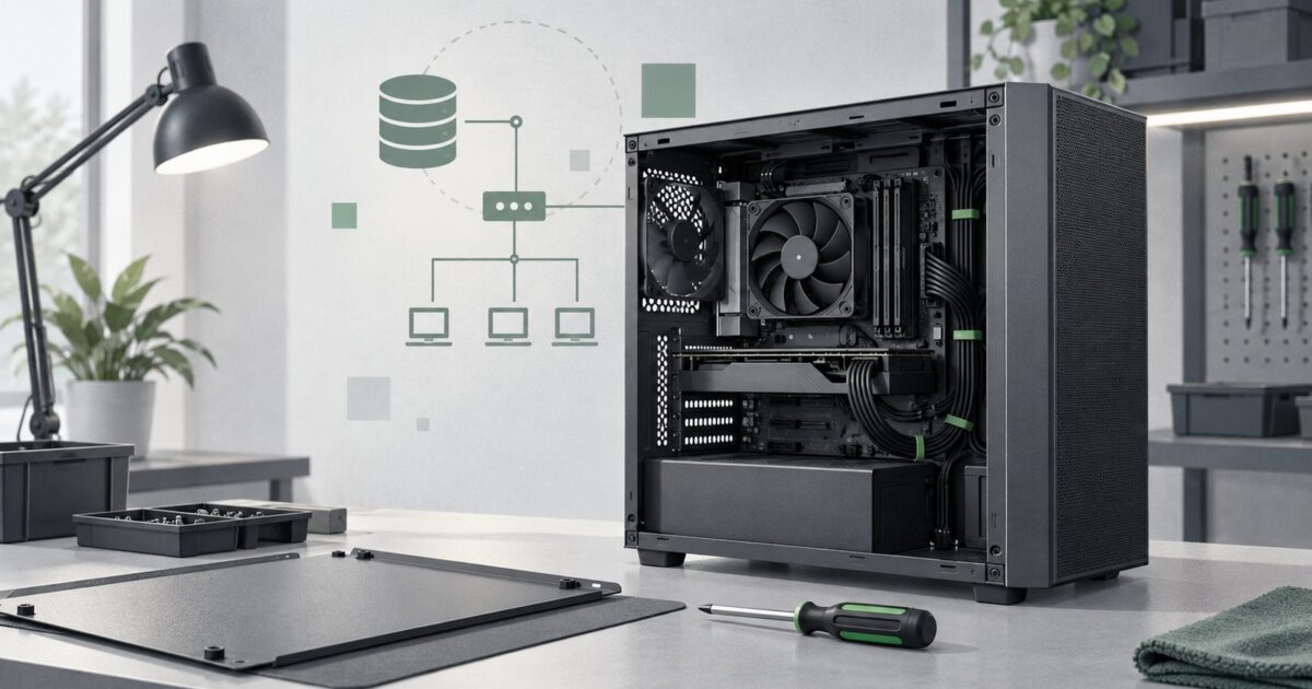 une machine de bureau ouverte posee sur un etabli, cables ranges, tournevis pose a plat