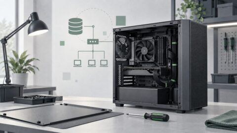 une machine de bureau ouverte posee sur un etabli, cables ranges, tournevis pose a plat