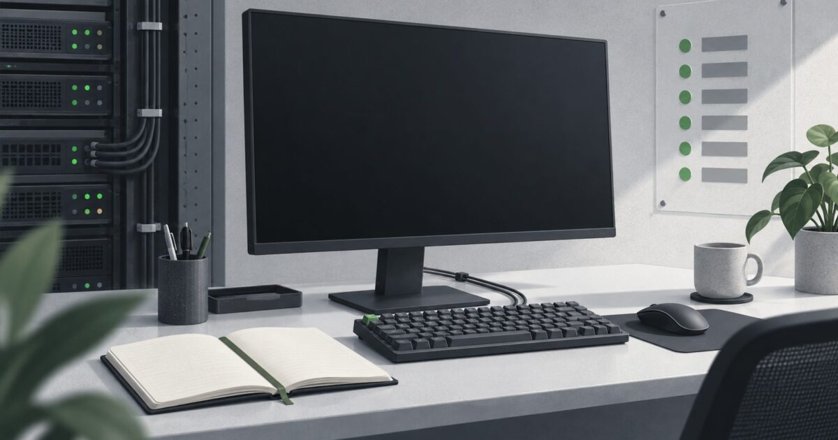 un poste de travail sobre vu de trois quarts, ecran eteint, clavier mecanique, carnet ouvert
