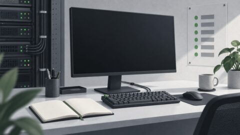 un poste de travail sobre vu de trois quarts, ecran eteint, clavier mecanique, carnet ouvert
