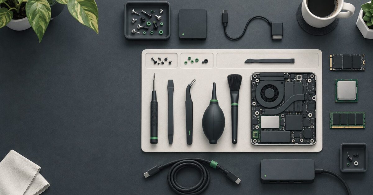 des outils poses a plat sur un etabli, vue du dessus, composition ordonnee