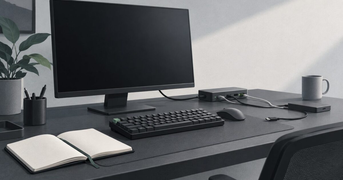 un poste de travail sobre vu de trois quarts, ecran eteint, clavier mecanique, carnet ouvert