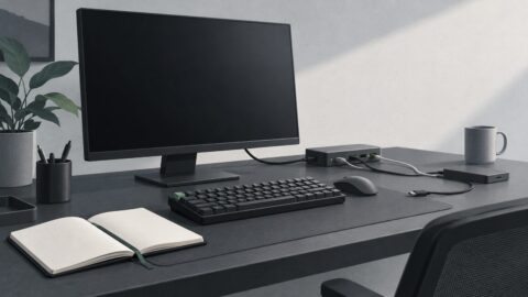 un poste de travail sobre vu de trois quarts, ecran eteint, clavier mecanique, carnet ouvert