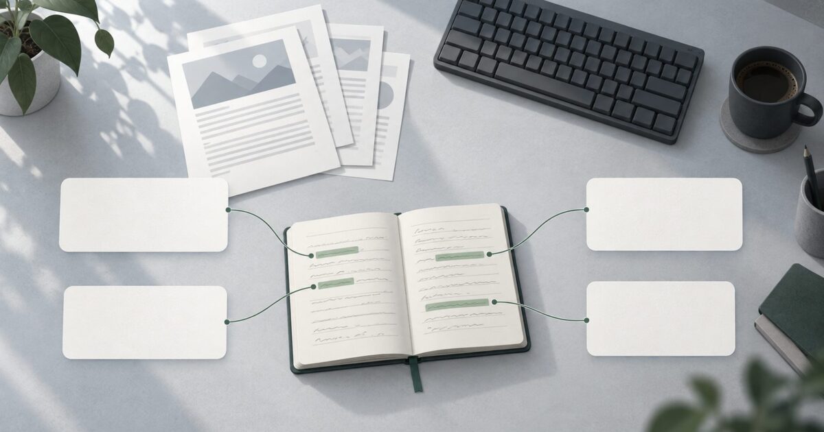 un bureau avec un carnet manuscrit ouvert a cote d un clavier, lumiere du matin